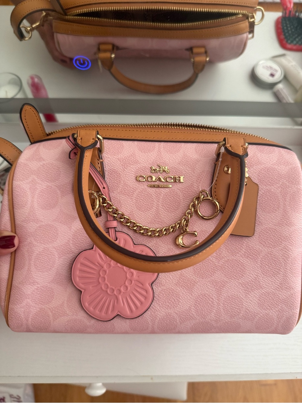 Coach Pink Signature Satchel with Tan Trim and Gold Hardware